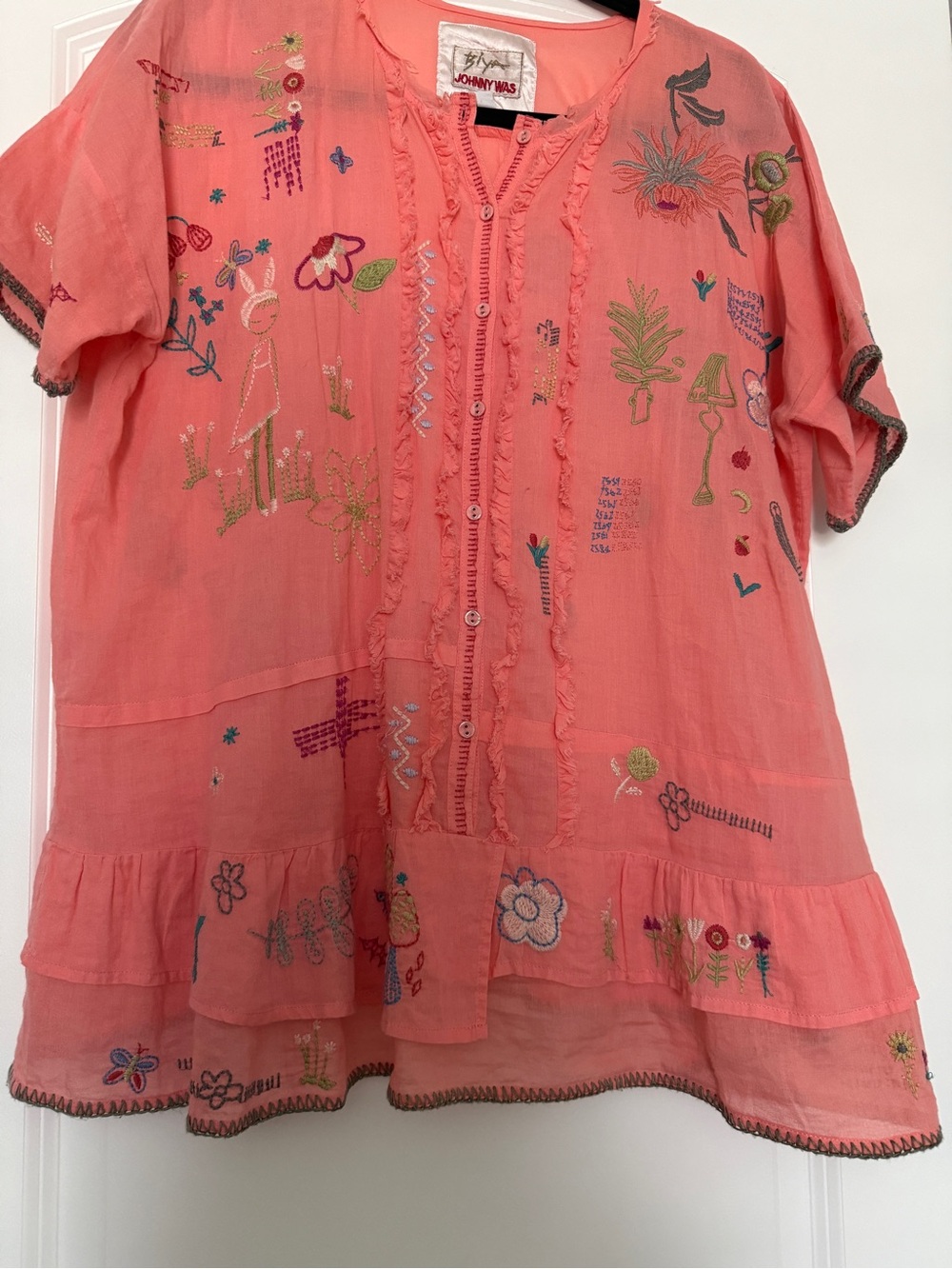 Johnny Was Women’s Mayda’s Peach/ Coral Embroidered Ruffle Tunic - Picture 2 of 10